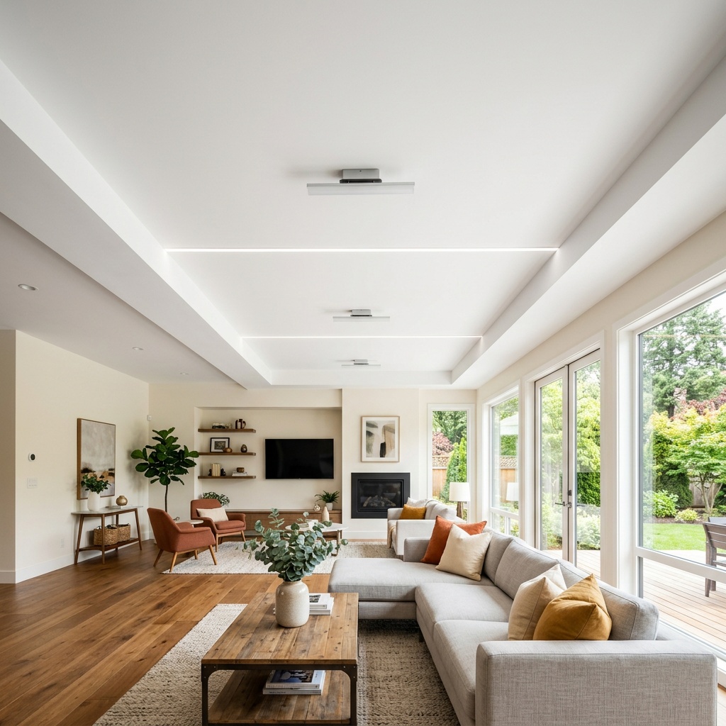 Modern living room with smooth, freshly renovated ceiling