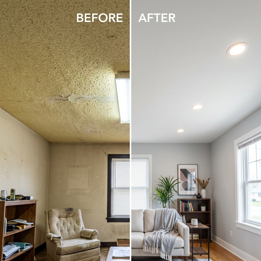 Before and after popcorn ceiling removal — dated bumpy texture transformed to smooth modern ceiling