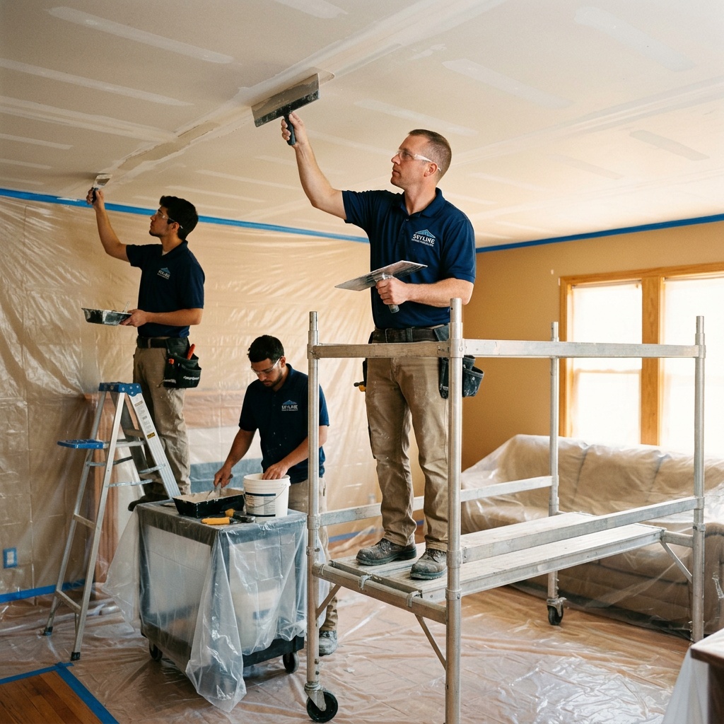 Seattle Popcorn professional crew smoothing a ceiling with protective sheeting in place