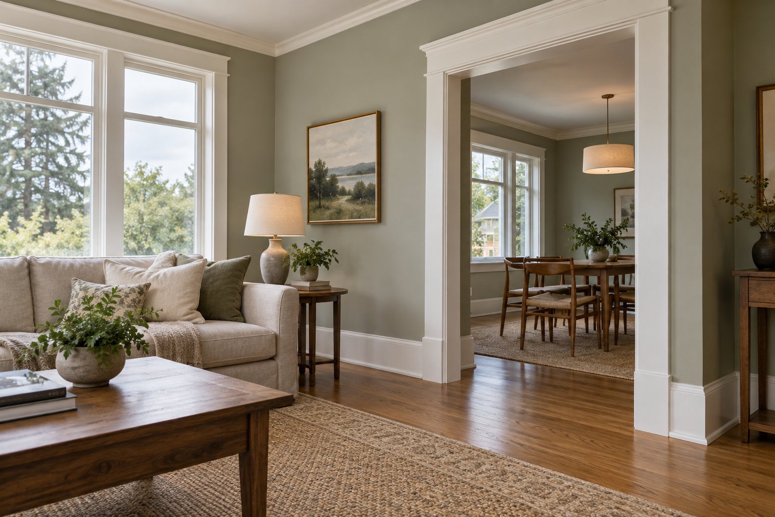 Illustrative living room with freshly painted white window frames, door casing and baseboards